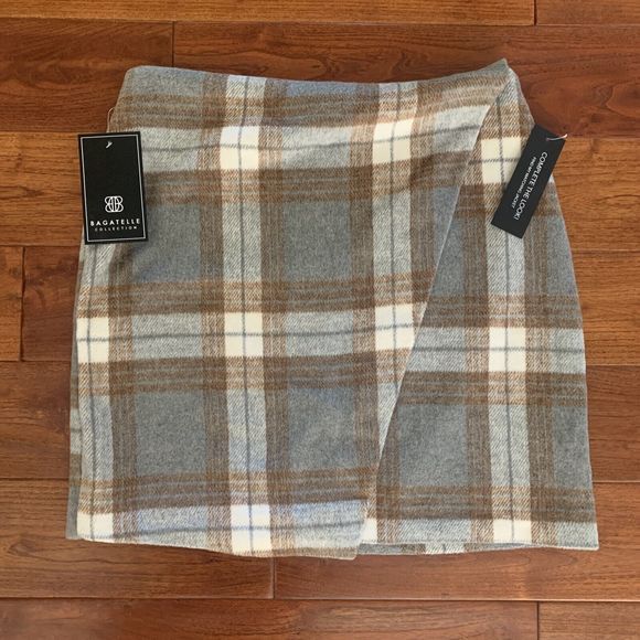 Vintage Inspired Bagatelle Fleece Faux Wrap Skirt Gray Ivory Brown Plaid Size M - Picture 4 of 9